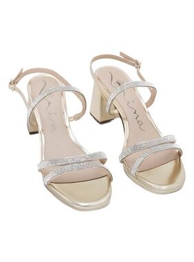 Nina Berna-YY Rhinestone Strappy Block Heel Sandals Platino Size 9.5